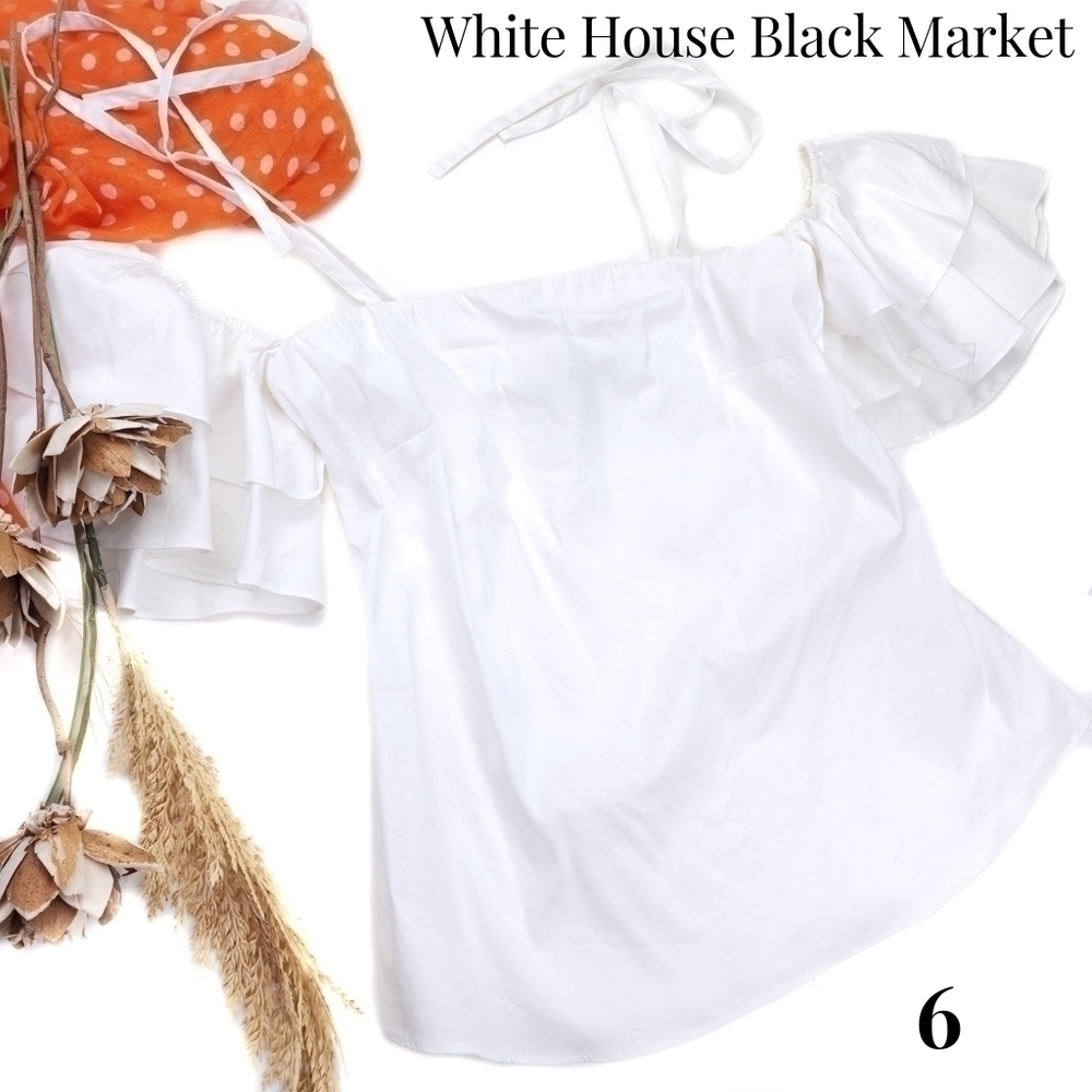 White House Black Market White Ruffle Off Shoulder Cotton Top Sz 6
